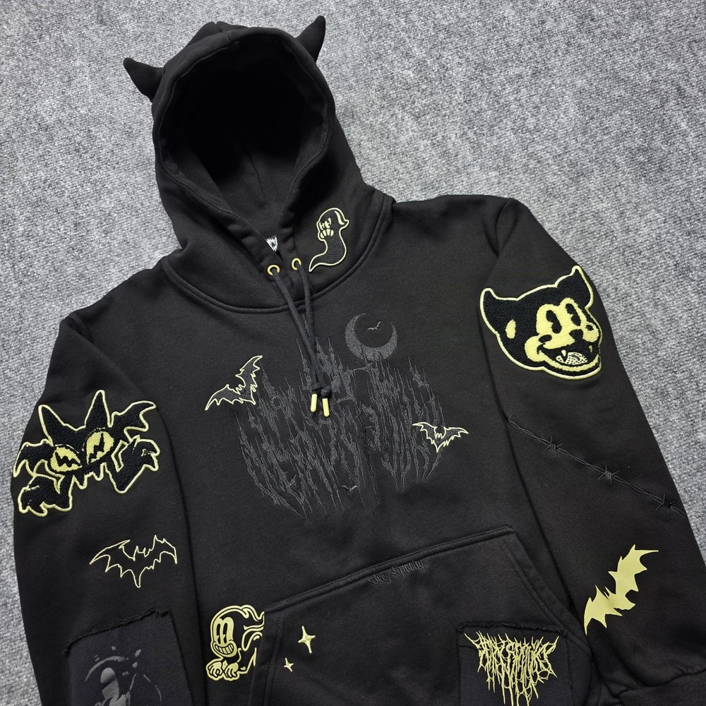 Cool Men's Large Black Devil Horn Spooky Cartoon Embroidered Hoodie Gothic Y2K